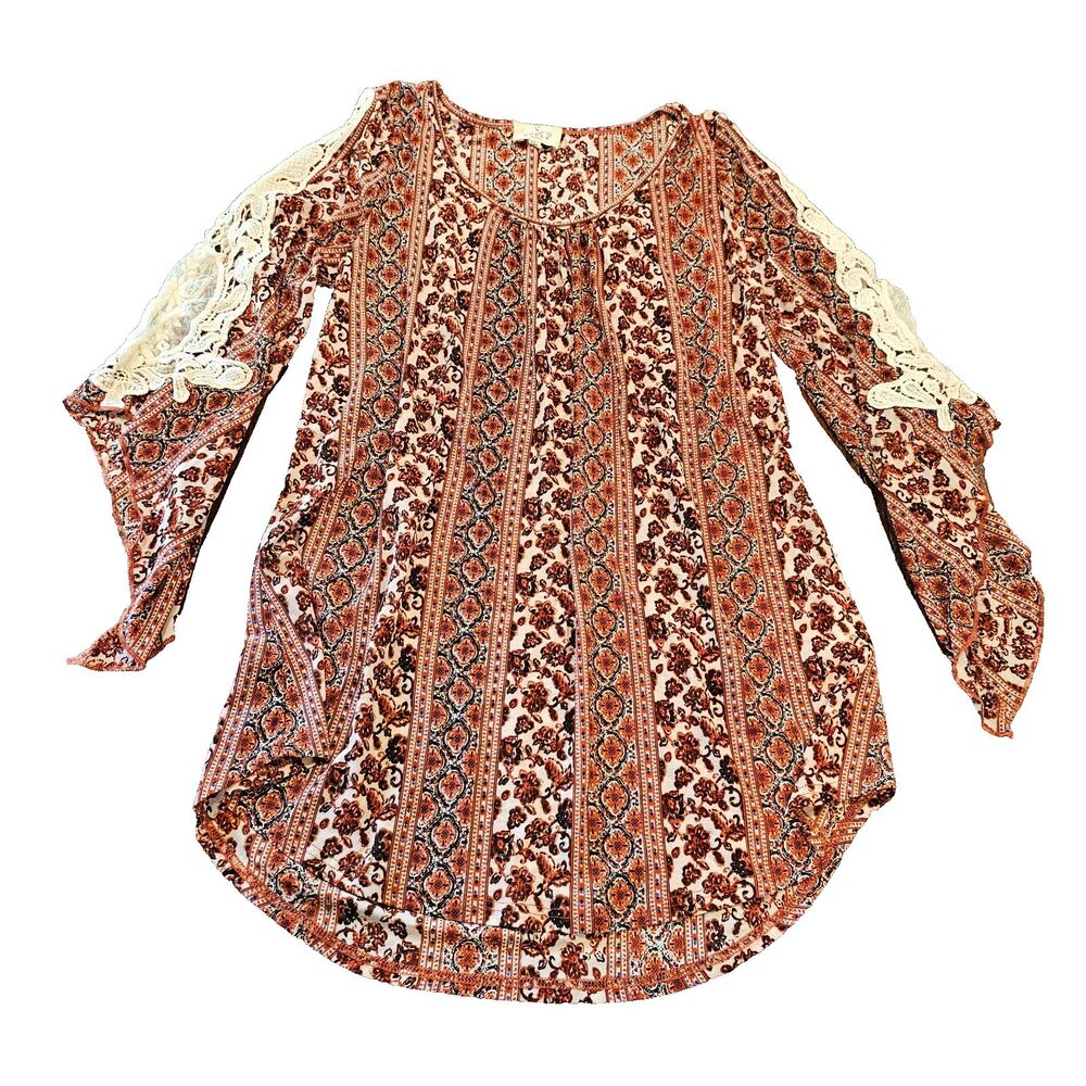 EMBER cold shoulder top M boho floral print blouse lace trim long sleeve shirt